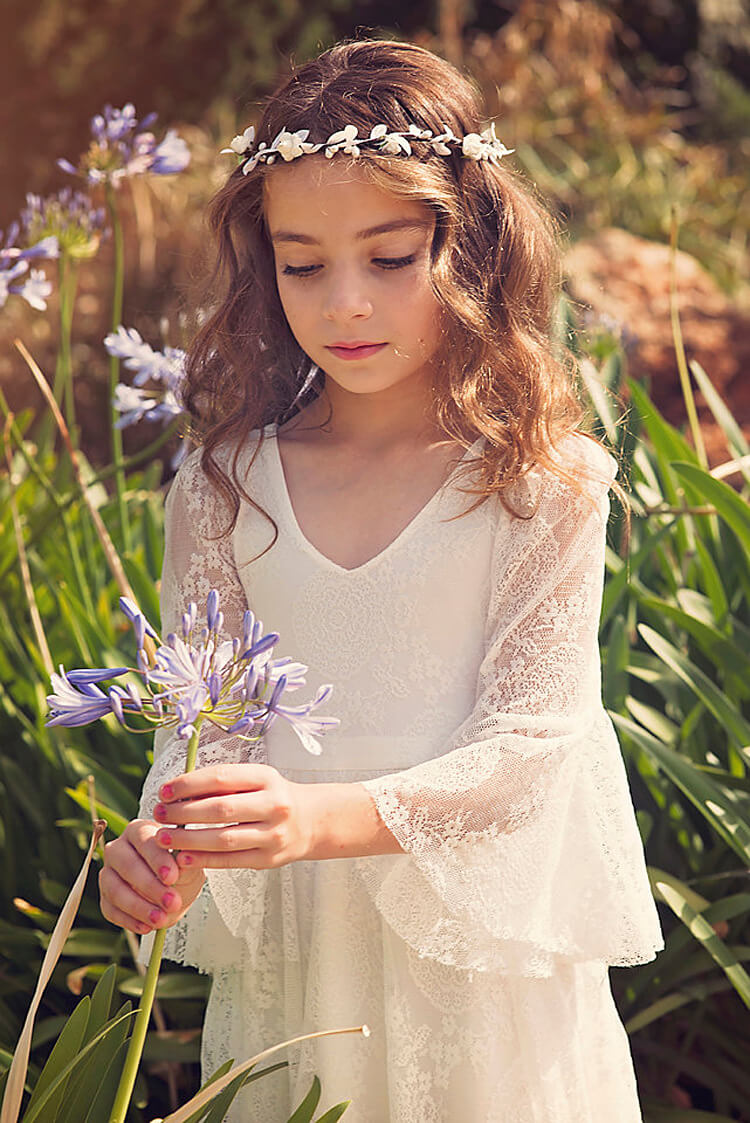 Girls White Lace Communion Dress with Bohemian Details for First Communion Ceremonies and Special Occasions | Thomler