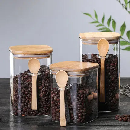 Vorratsgläser aus Glas mit Bambusdeckel, 20 cm, 3-teiliges luftdichtes Vorratsbehälter-Set für die Speisekammer, Küchenarbeitsplatte, Behälter für Trockenvorräte | Thomler
