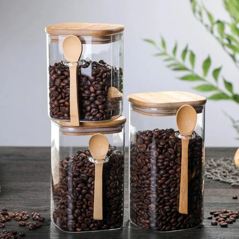 Vorratsgläser aus Glas mit Bambusdeckel, 20 cm, 3-teiliges luftdichtes Vorratsbehälter-Set für die Speisekammer, Küchenarbeitsplatte, Behälter für Trockenvorräte | Thomler