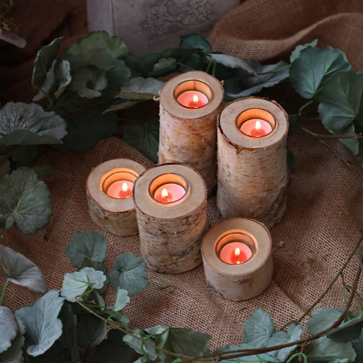 Natural Wood Tealight Holder Rustic Decorative Accent Glass Insert Candle Stand for Dining Table Living Room Mantle Home Decor Centerpiece | Thomler