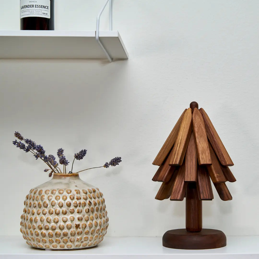 Wooden Hot Pad Holder Stand Tree Design Countertop Storage Organizer Natural Heat Resistant Kitchen Display Rack for Pot Holders Tabletop Di | Thomler