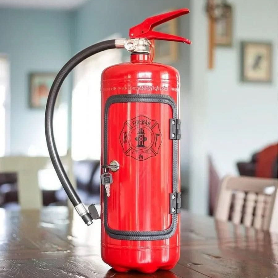 Novelty Fire Extinguisher-Style Bottle Holder – Hidden Bar Storage with Corkscrew Compartment for Home Bar Decor