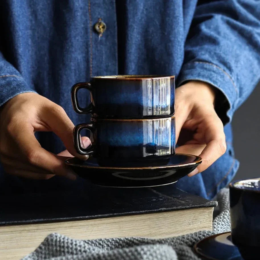 Bone China Coffee and Espresso Cup with Saucer Set - Deep Blue Ceramic Drinkware for Tea, Coffee, and Hot Beverages - Elegant Mug and Plate | Thomler