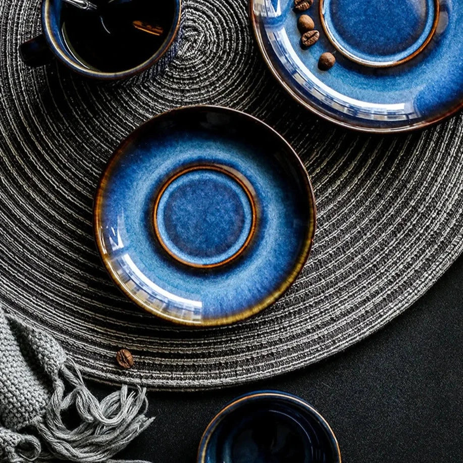 Bone China Coffee and Espresso Cup with Saucer Set - Deep Blue Ceramic Drinkware for Tea, Coffee, and Hot Beverages - Elegant Mug and Plate | Thomler