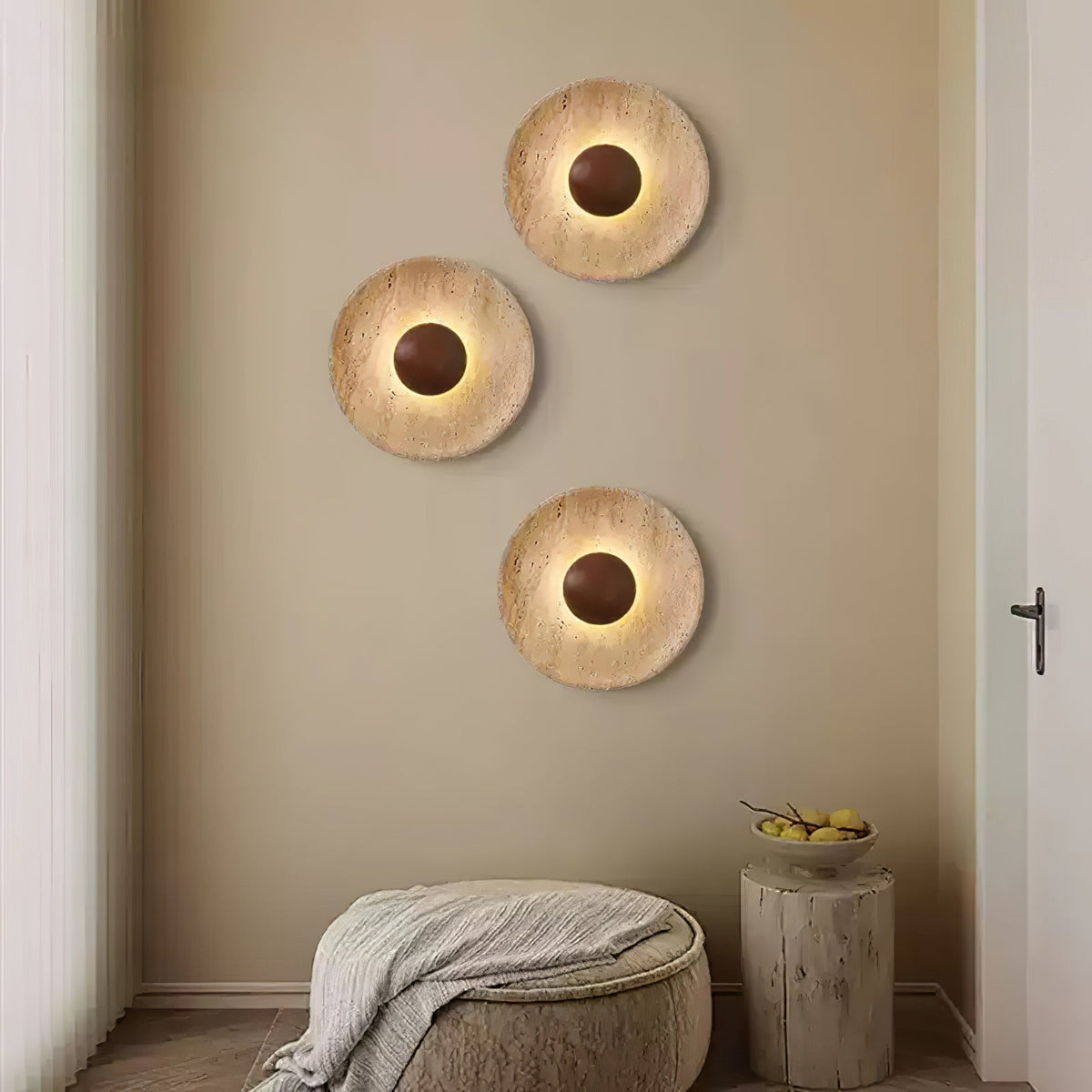 Wandleuchte aus Naturstein mit Holzrückwand, 10-Zoll runde Ambiente-Beleuchtung für Schlafzimmer, Eingangsbereich und Arbeitszimmer | Thomler