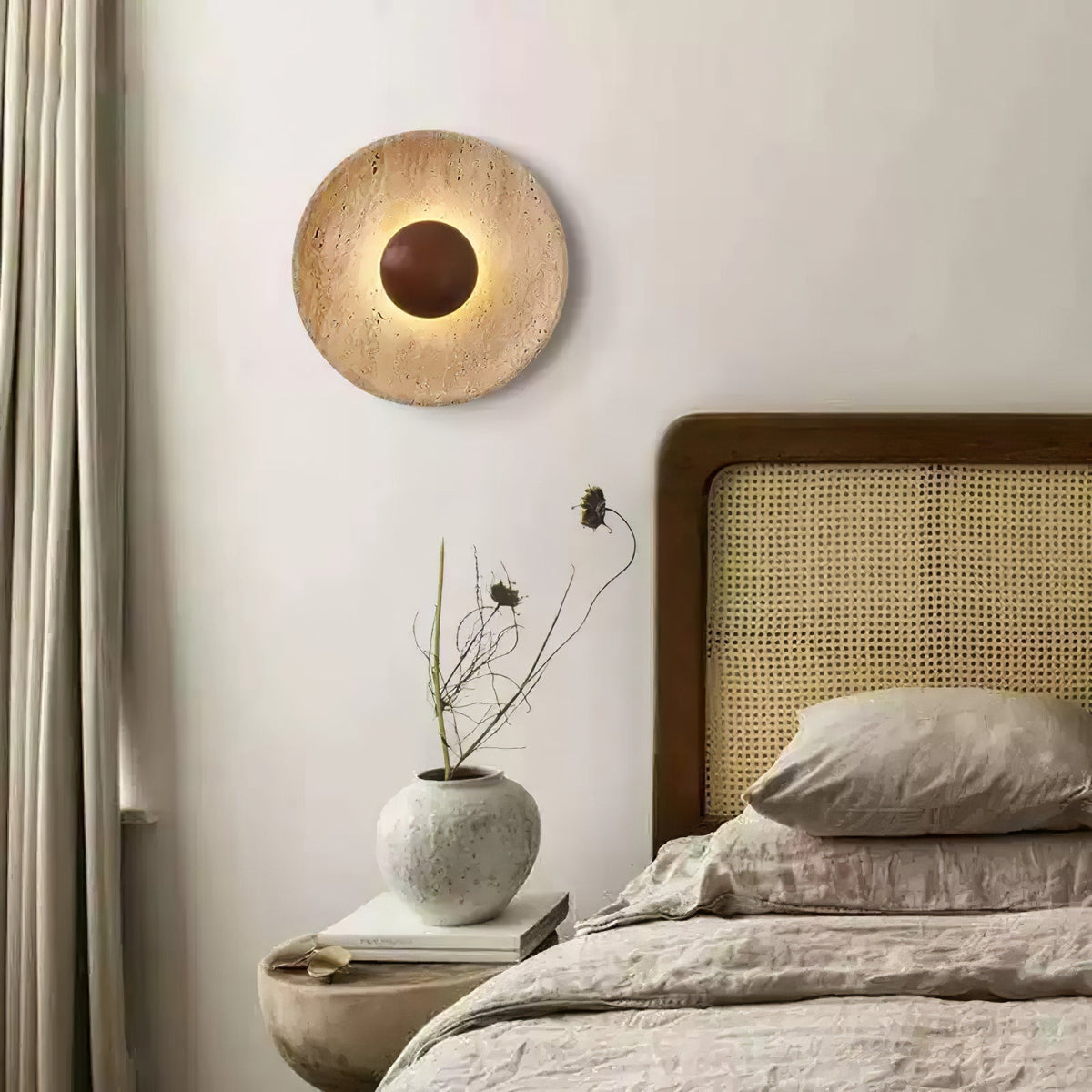 Wandleuchte aus Naturstein mit Holzrückwand, 10-Zoll runde Ambiente-Beleuchtung für Schlafzimmer, Eingangsbereich und Arbeitszimmer | Thomler