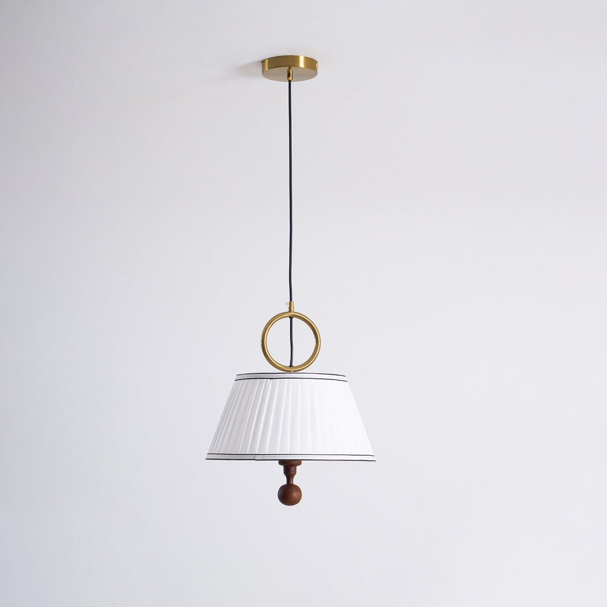 Hanging Ceiling Fixture with Fabric Drum Shade & Walnut Accents for Dining Rooms, Living Spaces, Home Offices 13.8 in Width Adjustable Cable | Thomler