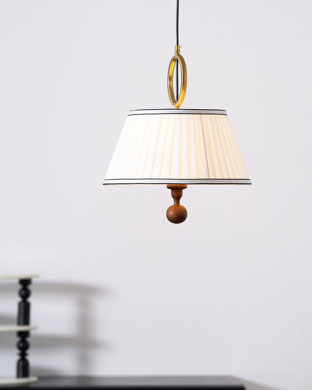 Hanging Ceiling Fixture with Fabric Drum Shade & Walnut Accents for Dining Rooms, Living Spaces, Home Offices 13.8 in Width Adjustable Cable | Thomler