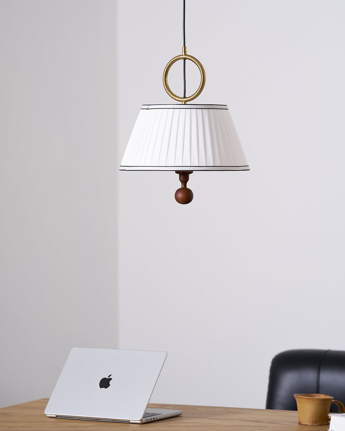Hanging Ceiling Fixture with Fabric Drum Shade & Walnut Accents for Dining Rooms, Living Spaces, Home Offices 13.8 in Width Adjustable Cable | Thomler
