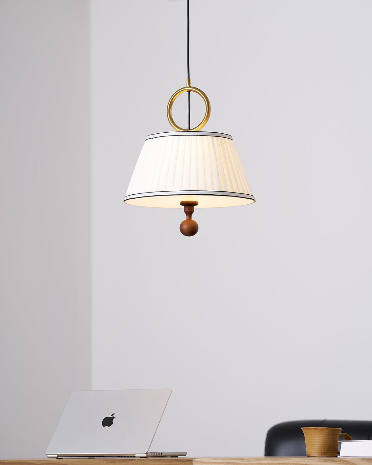 Hanging Ceiling Fixture with Fabric Drum Shade & Walnut Accents for Dining Rooms, Living Spaces, Home Offices 13.8 in Width Adjustable Cable | Thomler