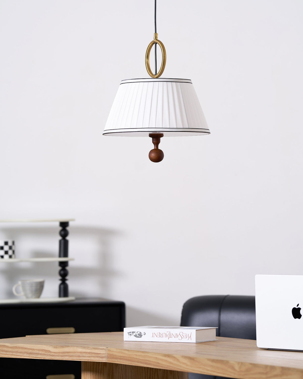 Hanging Ceiling Fixture with Fabric Drum Shade & Walnut Accents for Dining Rooms, Living Spaces, Home Offices 13.8 in Width Adjustable Cable | Thomler