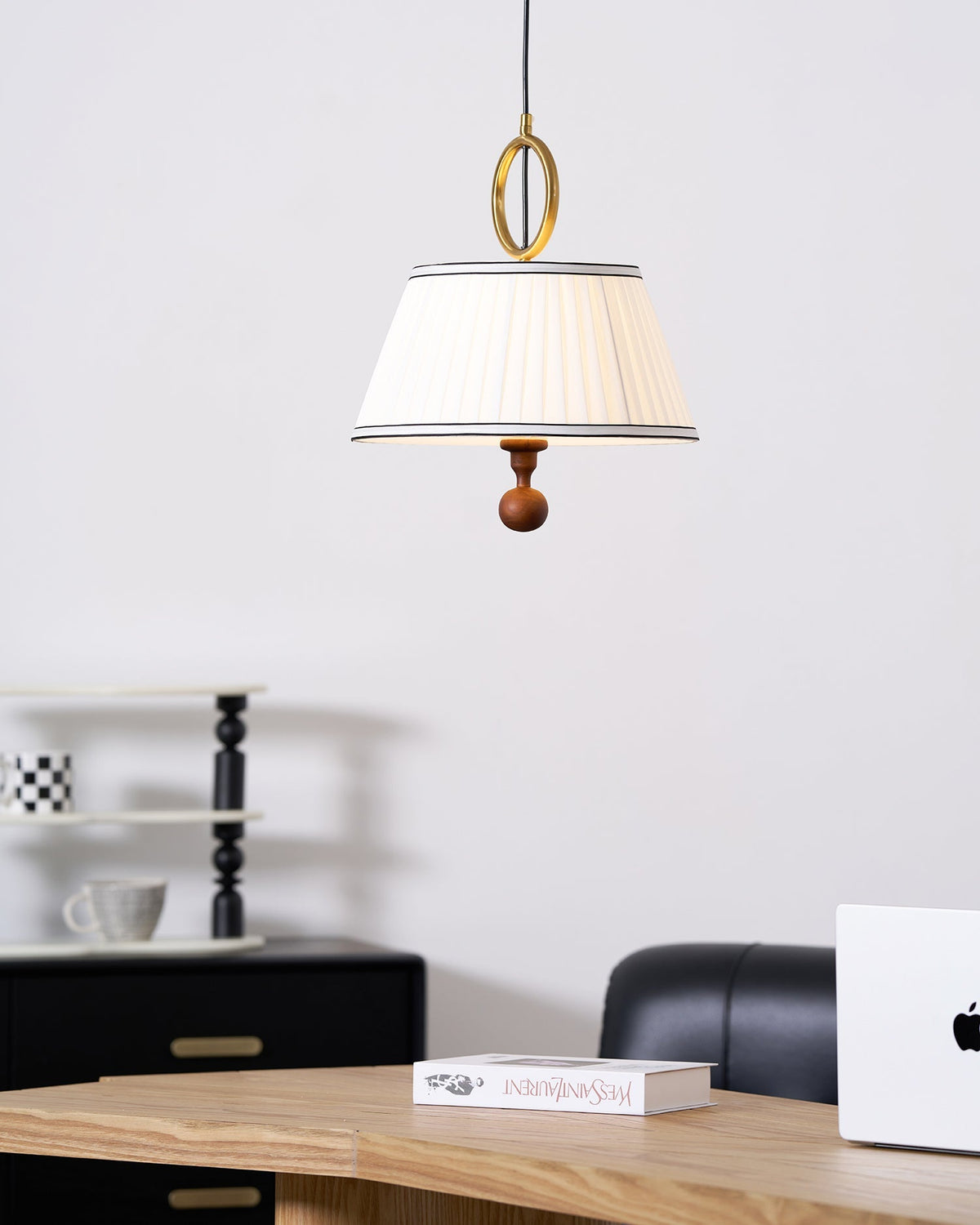 Hanging Ceiling Fixture with Fabric Drum Shade & Walnut Accents for Dining Rooms, Living Spaces, Home Offices 13.8 in Width Adjustable Cable | Thomler
