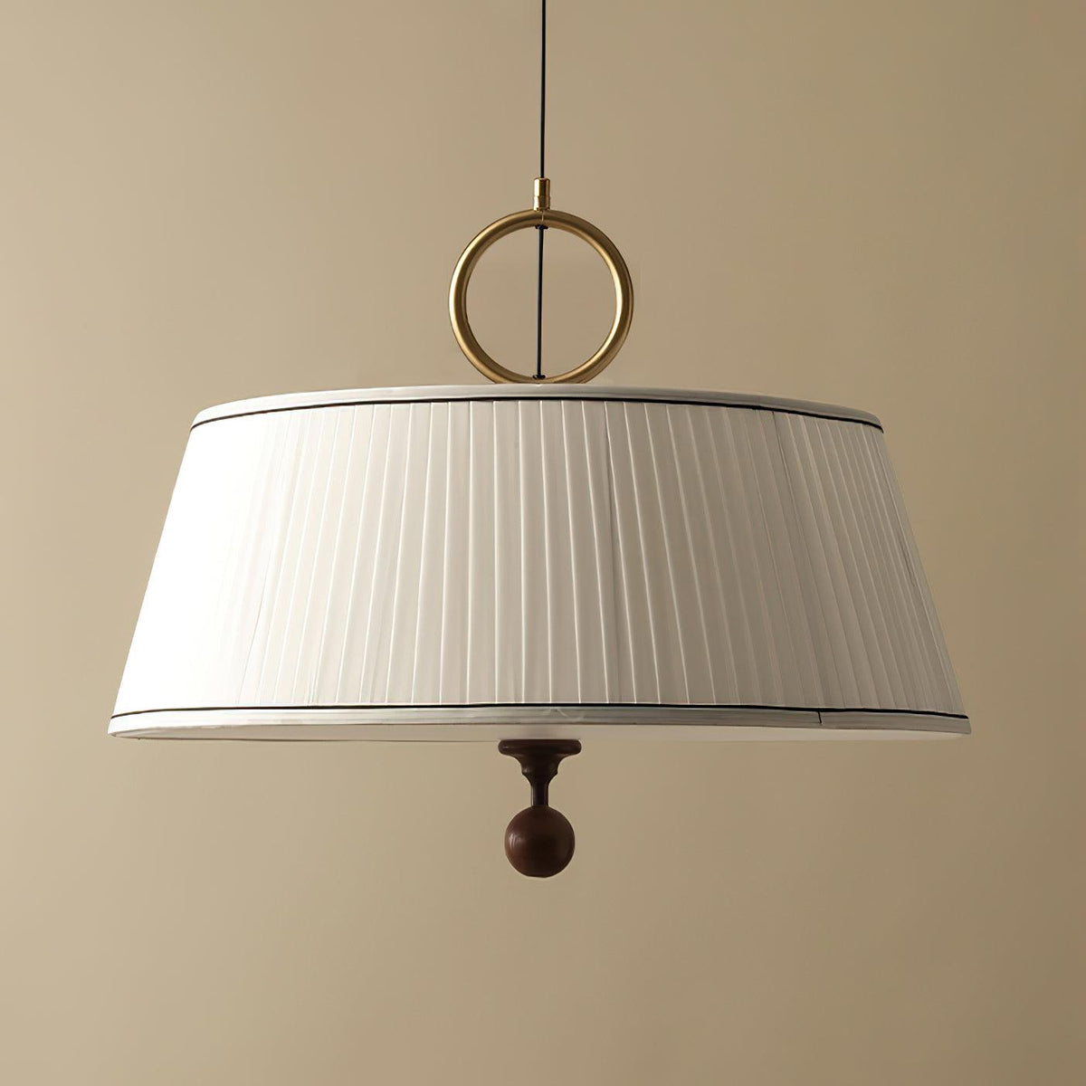 Hanging Ceiling Fixture with Fabric Drum Shade & Walnut Accents for Dining Rooms, Living Spaces, Home Offices 13.8 in Width Adjustable Cable | Thomler