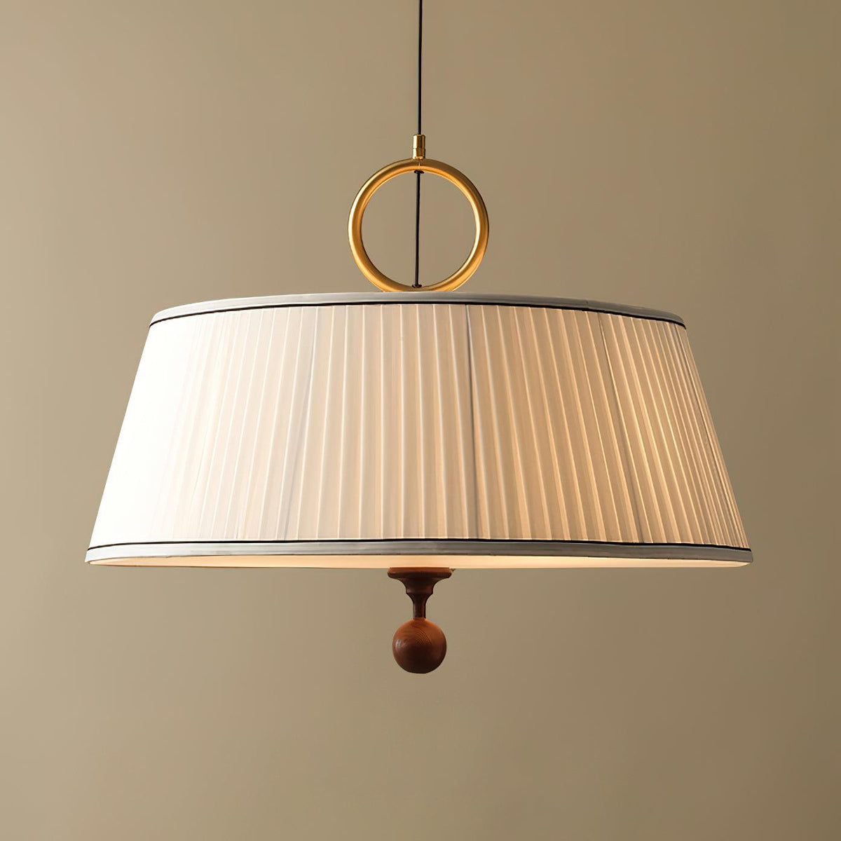 Hanging Ceiling Fixture with Fabric Drum Shade & Walnut Accents for Dining Rooms, Living Spaces, Home Offices 13.8 in Width Adjustable Cable | Thomler