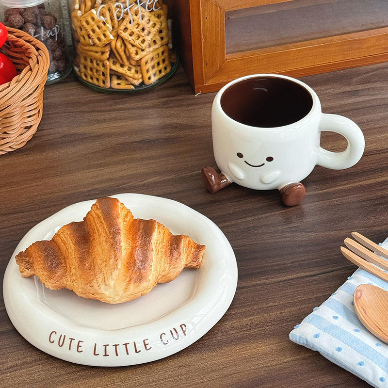 Ceramic Mug and Saucer Set 8.5 oz White with Hand-Painted Smile for Coffee Tea Latte Hot Chocolate Kitchen Gift for Coffee Lovers | Thomler