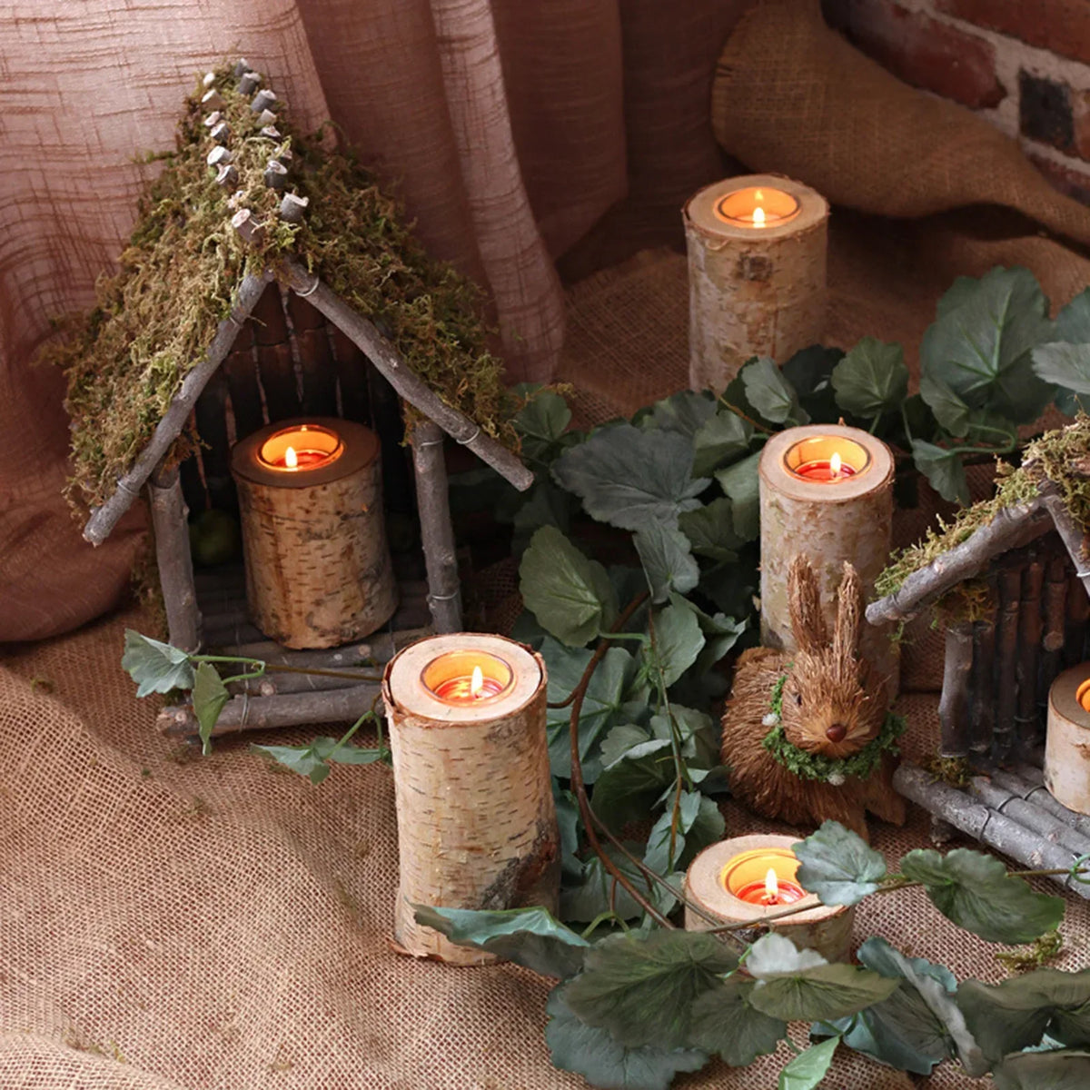 Natural Wood Tealight Holder Rustic Decorative Accent Glass Insert Candle Stand for Dining Table Living Room Mantle Home Decor Centerpiece | Thomler