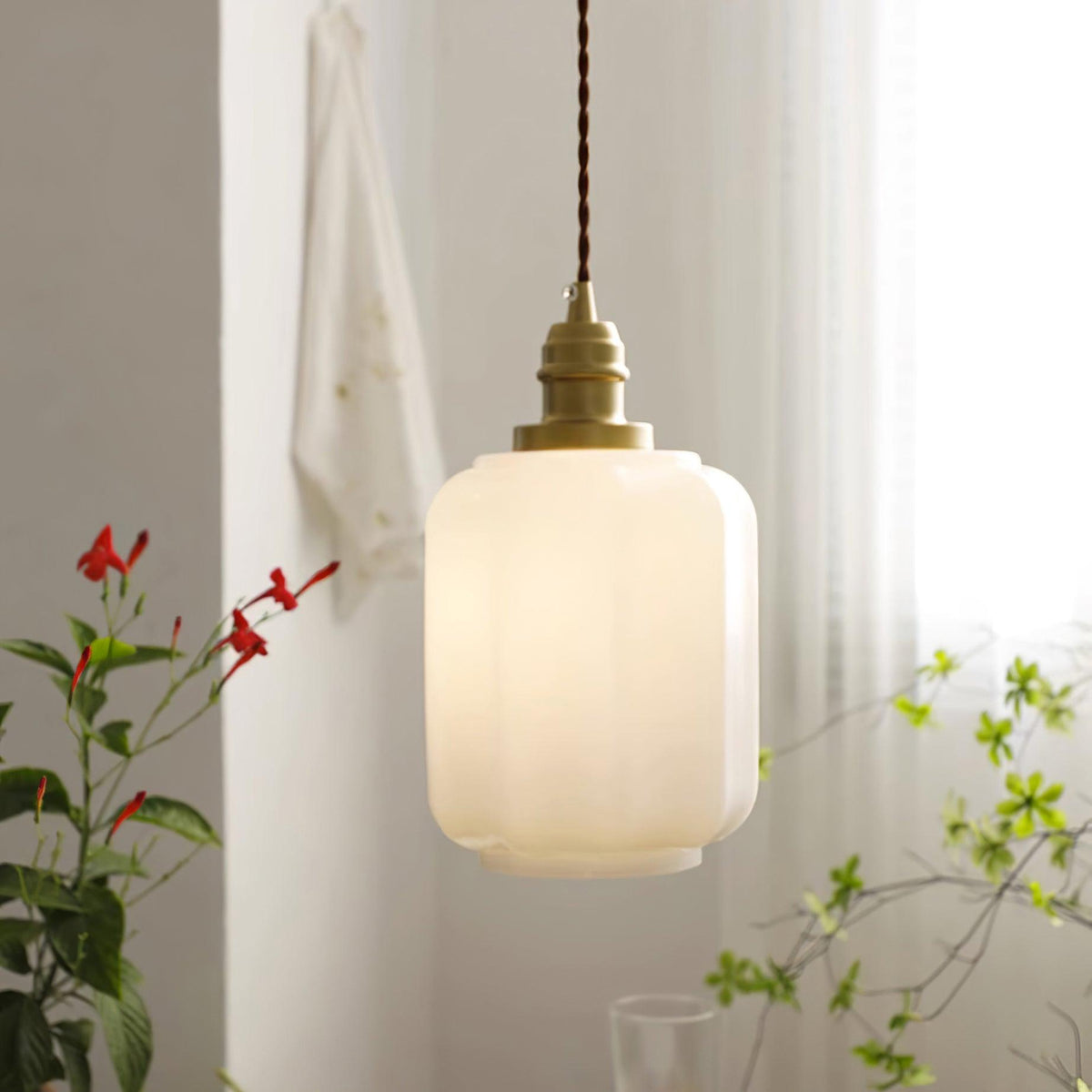 Glazen bol hanglamp met verstelbaar snoer, wit messing plafondarmatuur voor slaapkamer, eetkamer, keukeneiland, messing afwerking 6 inch pendel | Thomler