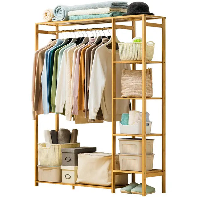 Freestanding Bamboo Garment Rack with Shelves 35 in Wide Natural Wood Finish Bedroom Closet Storage Organizer for Clothes Shoes Accessories | Thomler