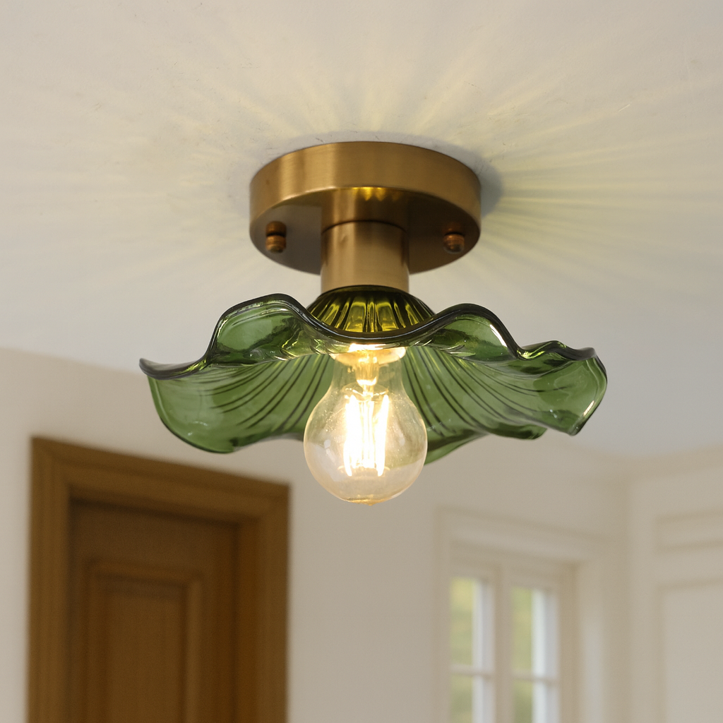 23-Zoll LED-Deckenleuchte, bündig montiert, grüner Blumenschirm aus Glas für Schlafzimmer, Flur, Räume mit niedriger Decke, atmosphärische Deckenbeleuchtung | Thomler