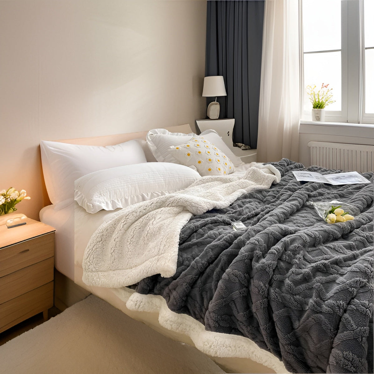Reversible Sherpa Throw Blanket 59×79 Inches Soft Polyester for Couch Bed Chair Gray White Lightweight Winter Warmth Layer Bedroom Living Ro | Thomler