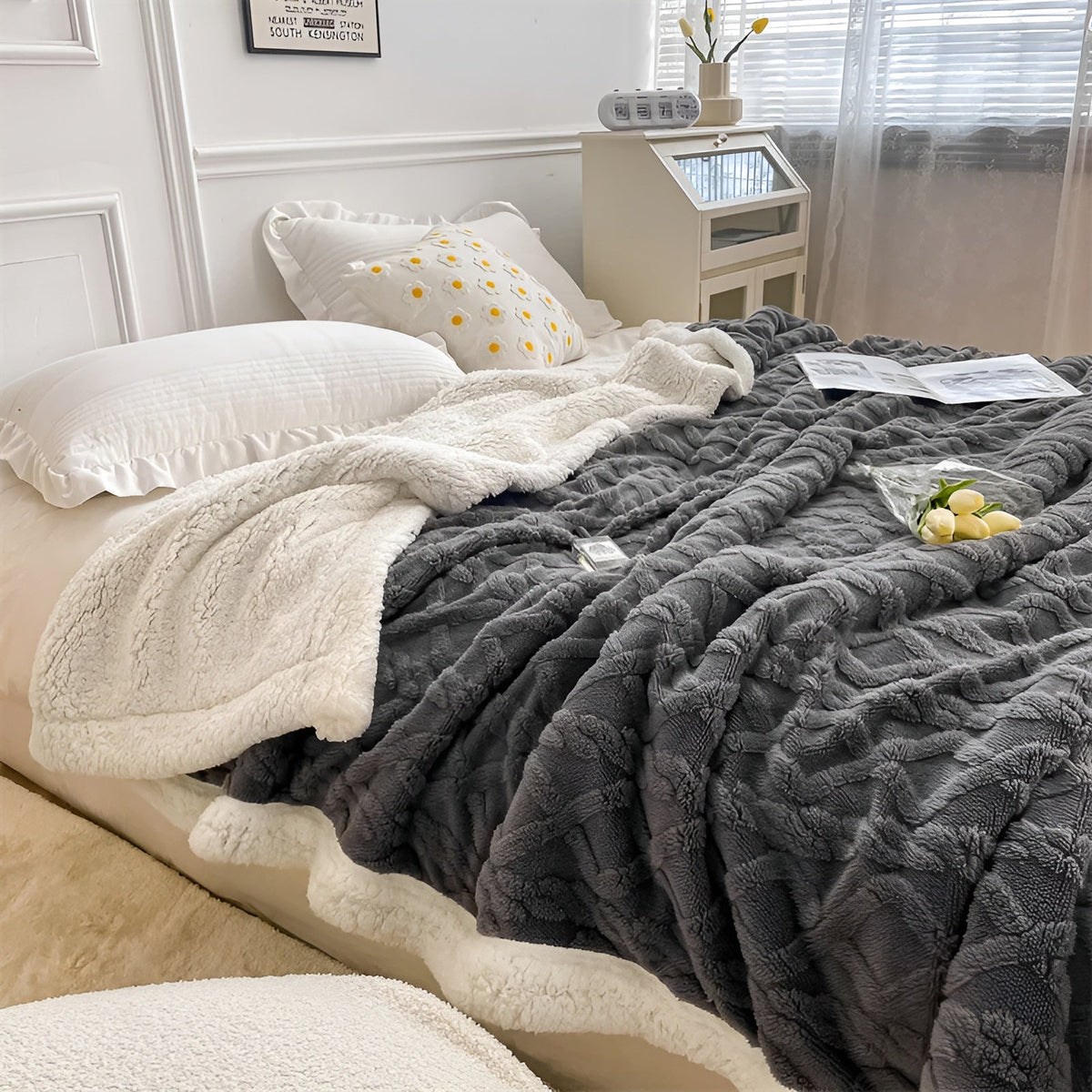 Reversible Sherpa Throw Blanket 59×79 Inches Soft Polyester for Couch Bed Chair Gray White Lightweight Winter Warmth Layer Bedroom Living Ro | Thomler