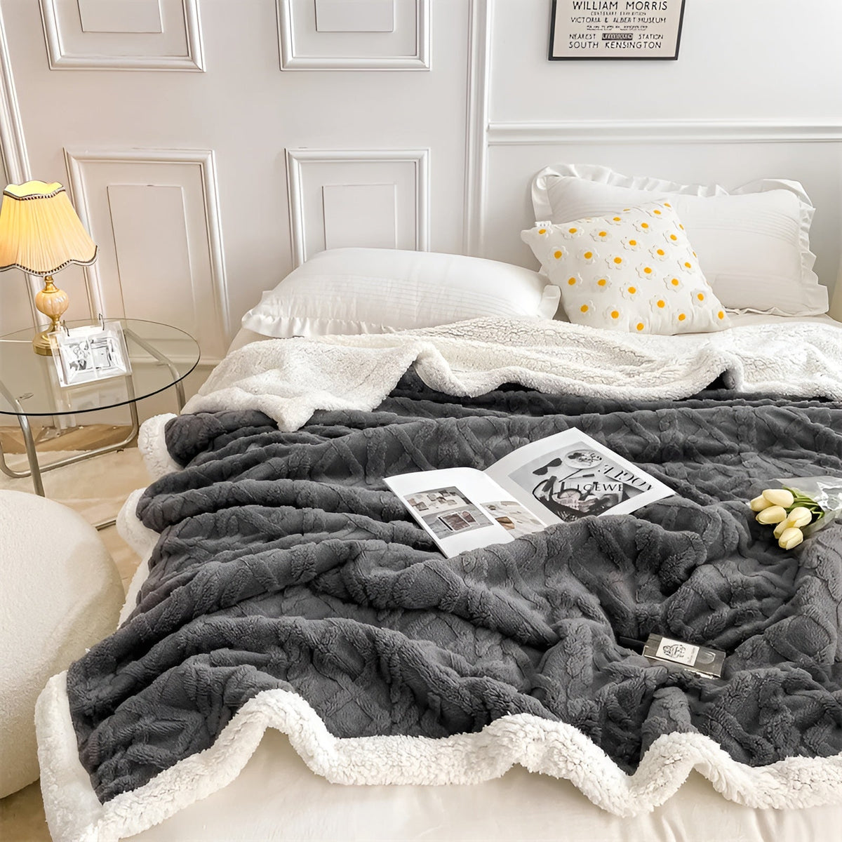 Reversible Sherpa Throw Blanket 59×79 Inches Soft Polyester for Couch Bed Chair Gray White Lightweight Winter Warmth Layer Bedroom Living Ro | Thomler
