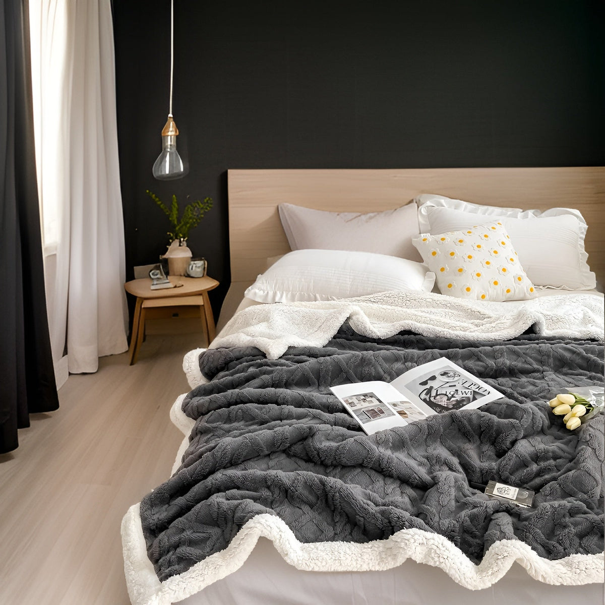 Reversible Sherpa Throw Blanket 59×79 Inches Soft Polyester for Couch Bed Chair Gray White Lightweight Winter Warmth Layer Bedroom Living Ro | Thomler