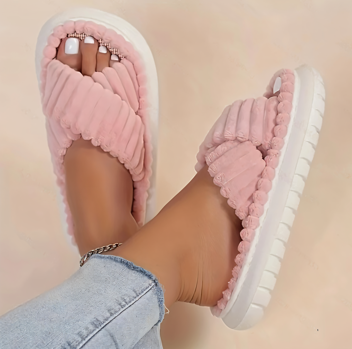 Fleece-Lined Criss-Cross House Slippers for Women & Men – Cozy Indoor Footwear with Cushioned EVA Sole