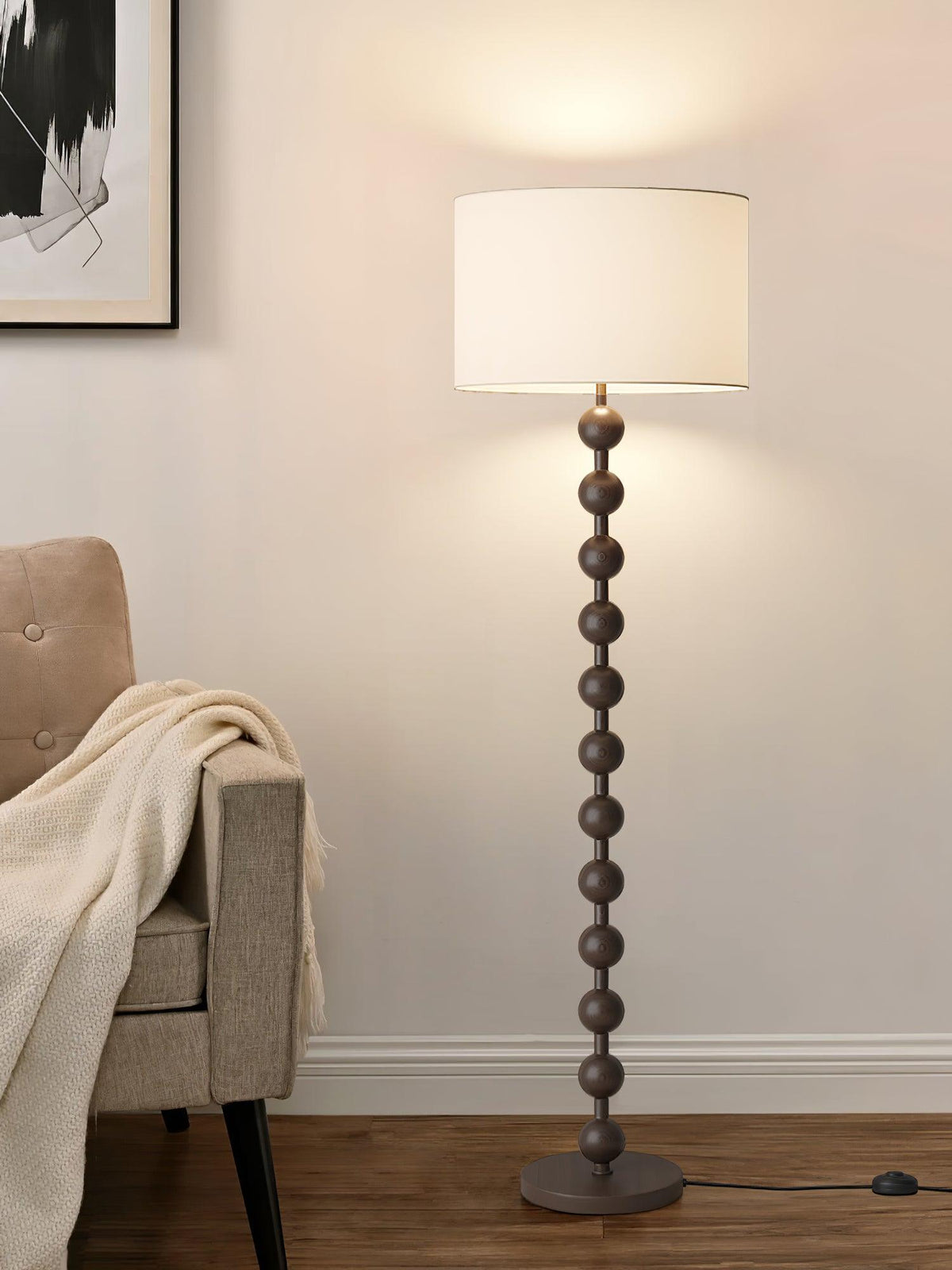 Tall Standing Lamp with White Shade 63 Inches Natural Wood Base Dimmable Accent Light for Bedroom Living Room Corner Reading Nook Modern Dec | Thomler
