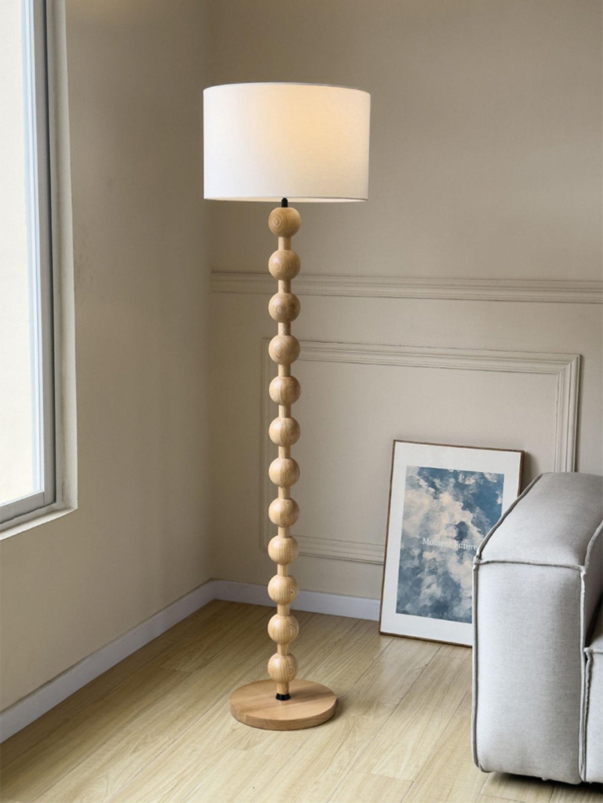 Tall Standing Lamp with White Shade 63 Inches Natural Wood Base Dimmable Accent Light for Bedroom Living Room Corner Reading Nook Modern Dec | Thomler