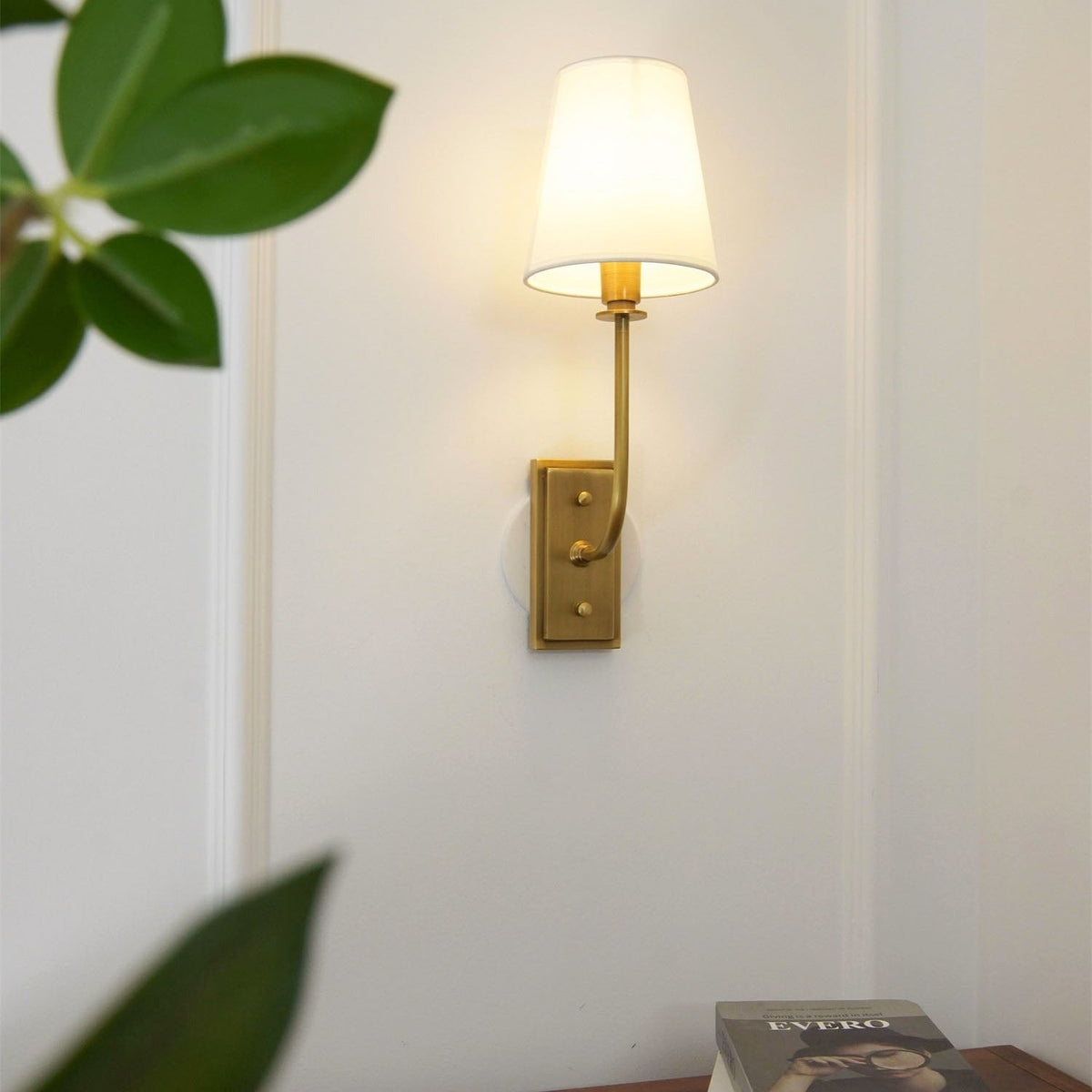 Fabric Shade Sconce Light with Brass Arm for Bedroom Reading & Hallway Accent | E12 Socket, Warm Ambient Glow, Space-Saving Install | Thomler