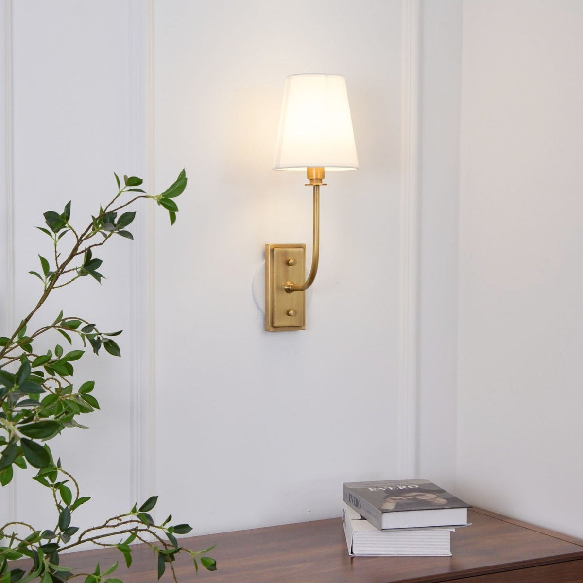 Fabric Shade Sconce Light with Brass Arm for Bedroom Reading & Hallway Accent | E12 Socket, Warm Ambient Glow, Space-Saving Install | Thomler