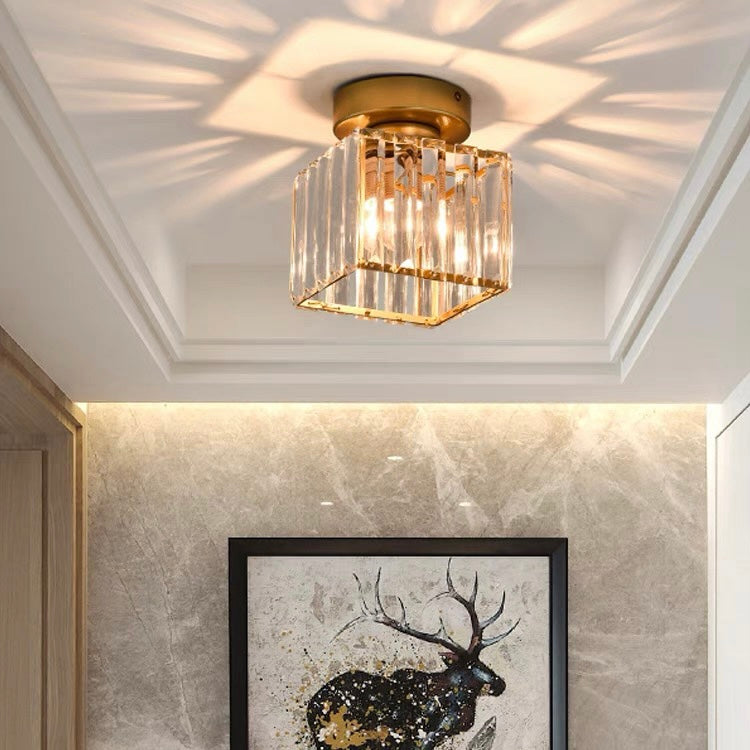 Cube Crystal Flush Mount Ceiling Light with Brass Frame 10 Inch for Bedroom Hallway Entryway Living Room Office Modern Home Lighting Fixture | Thomler