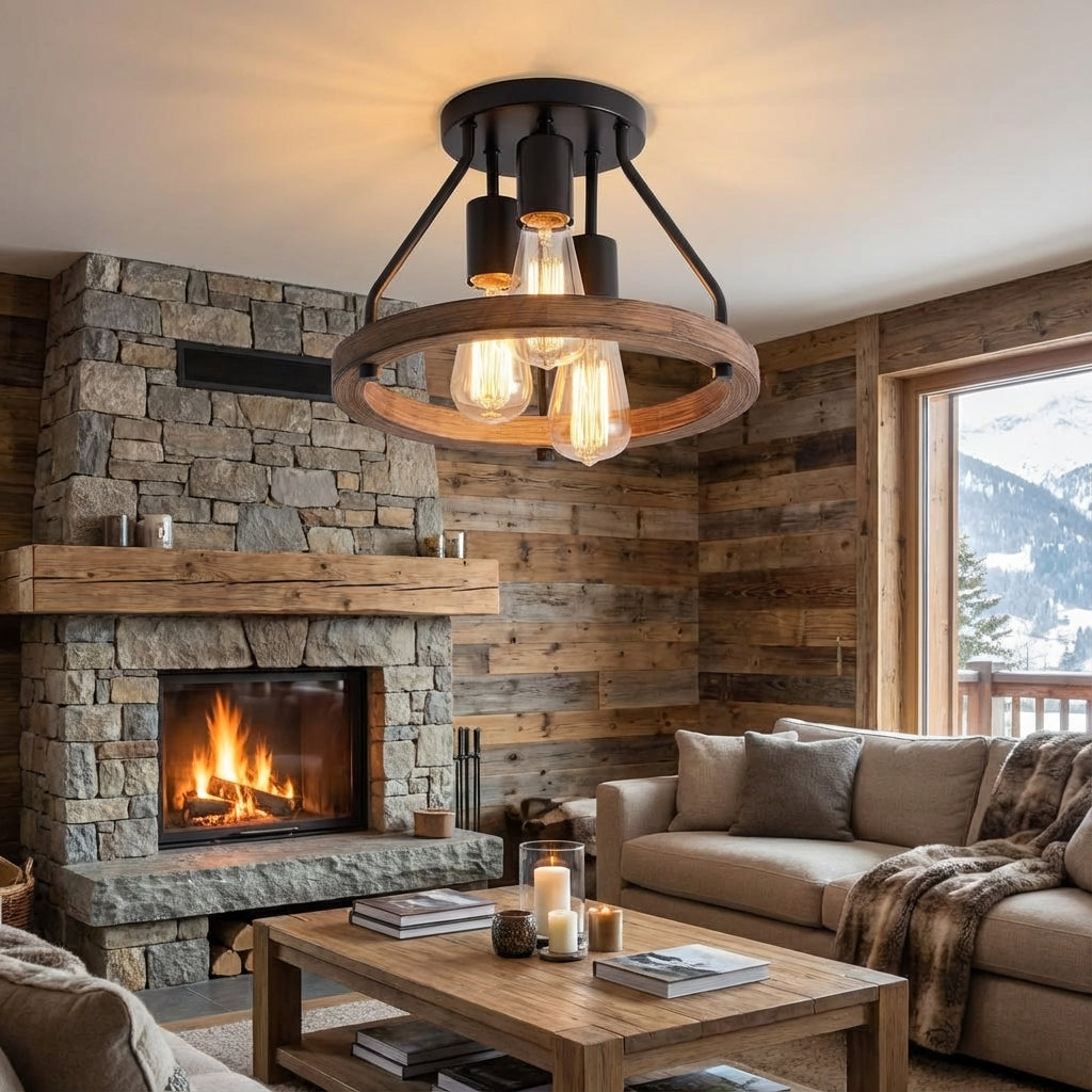 Dreiflammige, halb-bündige Deckenleuchte mit verstellbaren Spots für Flure, Schlafzimmer und Esszimmer, rustikale Holz-Schienenleuchte, 33 cm breit | Thomler