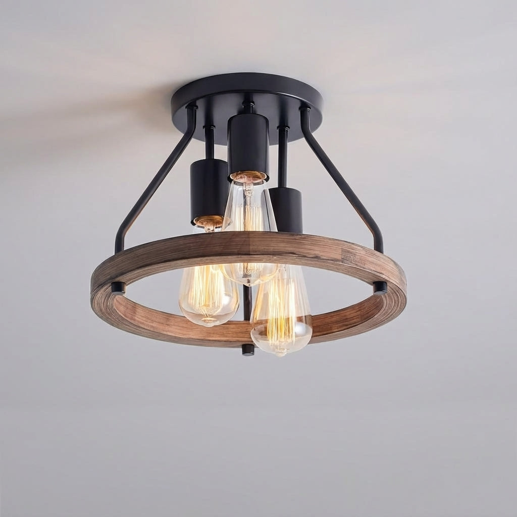 Dreiflammige, halb-bündige Deckenleuchte mit verstellbaren Spots für Flure, Schlafzimmer und Esszimmer, rustikale Holz-Schienenleuchte, 33 cm breit | Thomler