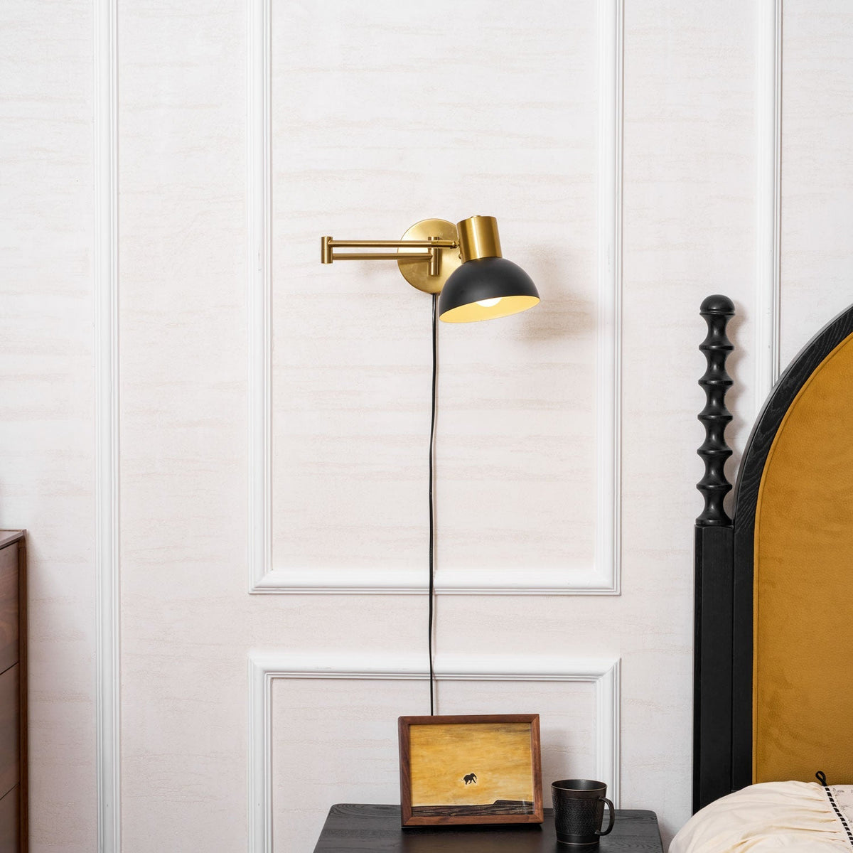Swing-Arm Reading Sconce with Rotating Shade Metal Plug-In Fixture Black & Gold Finish for Bedroom Living Room Study Nook Task Lighting | Thomler
