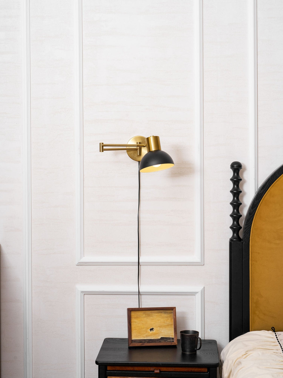 Swing-Arm Reading Sconce with Rotating Shade Metal Plug-In Fixture Black & Gold Finish for Bedroom Living Room Study Nook Task Lighting | Thomler