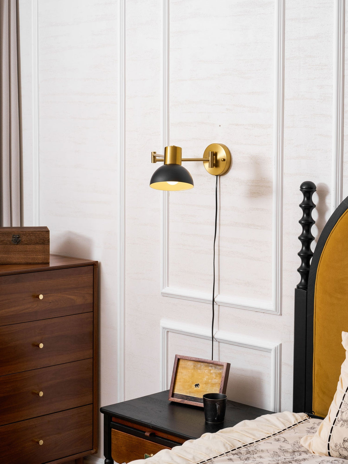 Swing-Arm Reading Sconce with Rotating Shade Metal Plug-In Fixture Black & Gold Finish for Bedroom Living Room Study Nook Task Lighting | Thomler