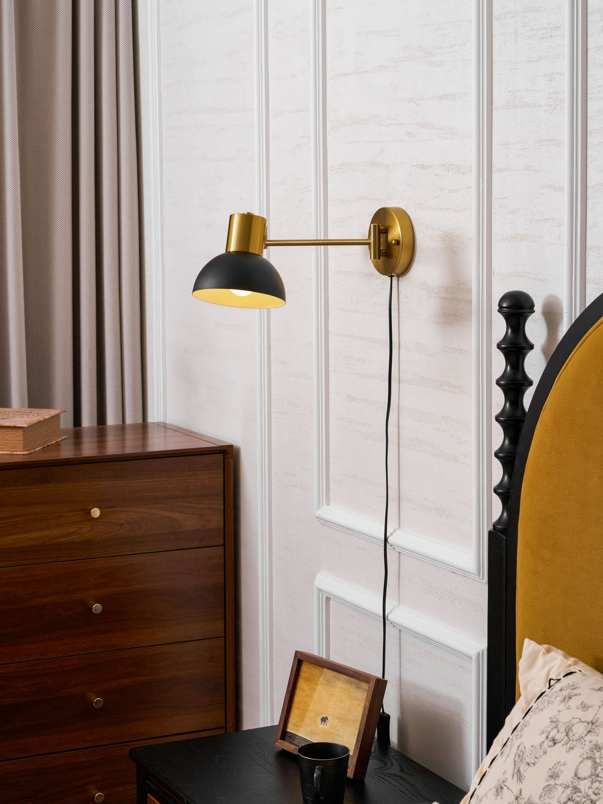 Swing-Arm Reading Sconce with Rotating Shade Metal Plug-In Fixture Black & Gold Finish for Bedroom Living Room Study Nook Task Lighting | Thomler