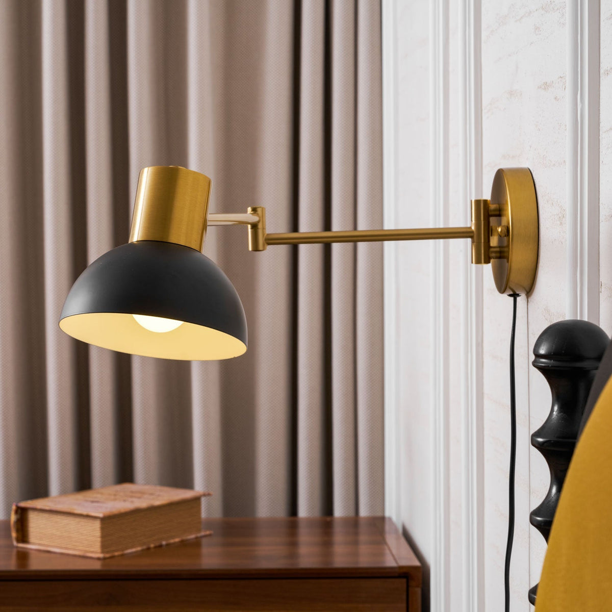 Swing-Arm Reading Sconce with Rotating Shade Metal Plug-In Fixture Black & Gold Finish for Bedroom Living Room Study Nook Task Lighting | Thomler