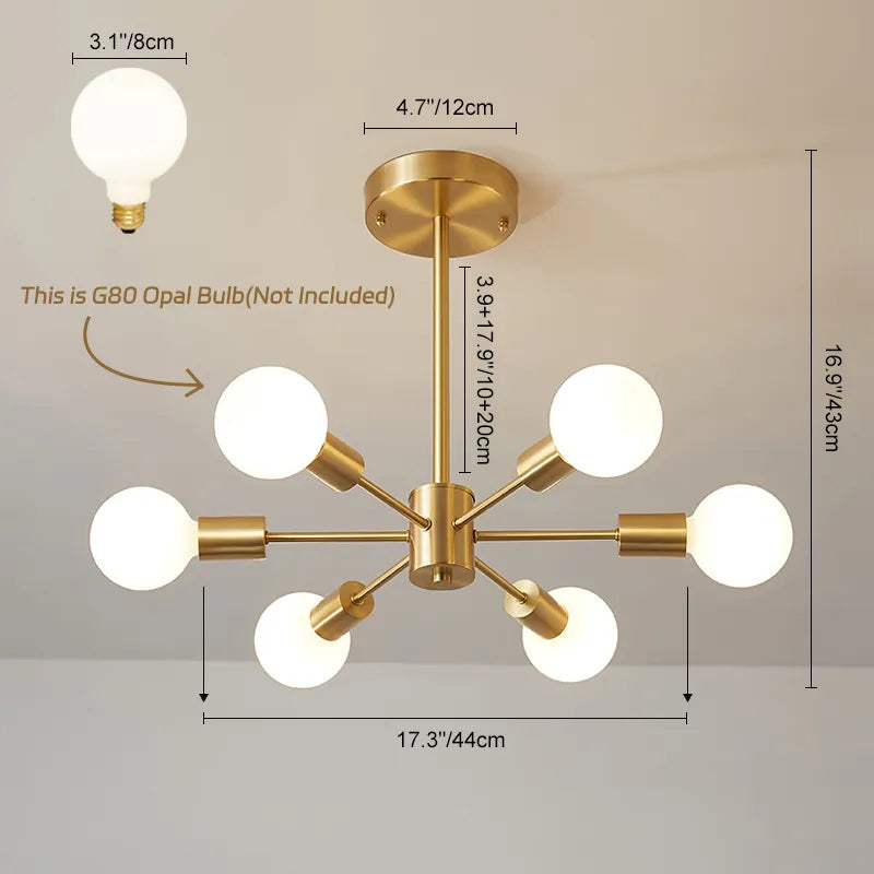 Lámpara de araña Sputnik de latón de seis brazos, 17 pulgadas de ancho, luz colgante de mediados de siglo para comedor, sala de estar, lámpara de techo cableada, moderna y regulable | Thomler
