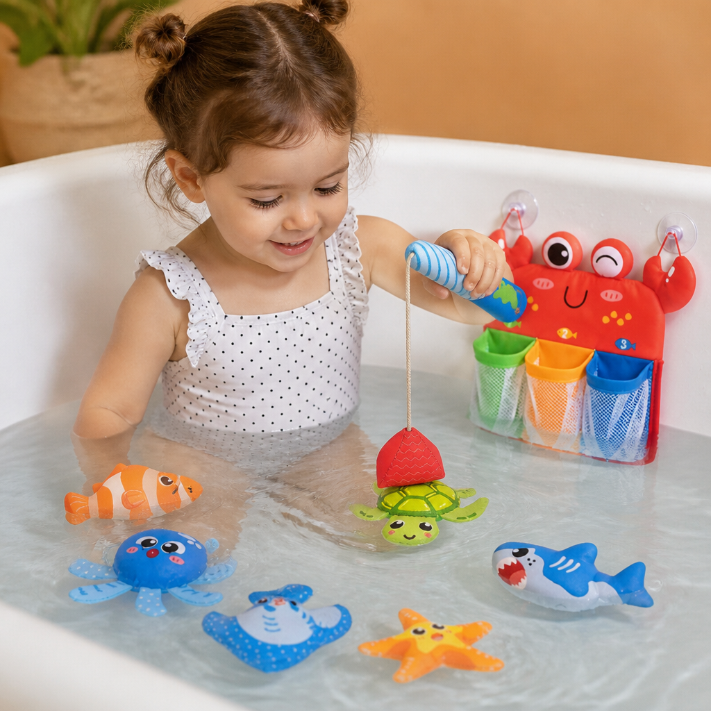 Magnetisches Angelspiel-Badespielzeug-Set mit schwimmenden Tieren und Aufbewahrungsnetz