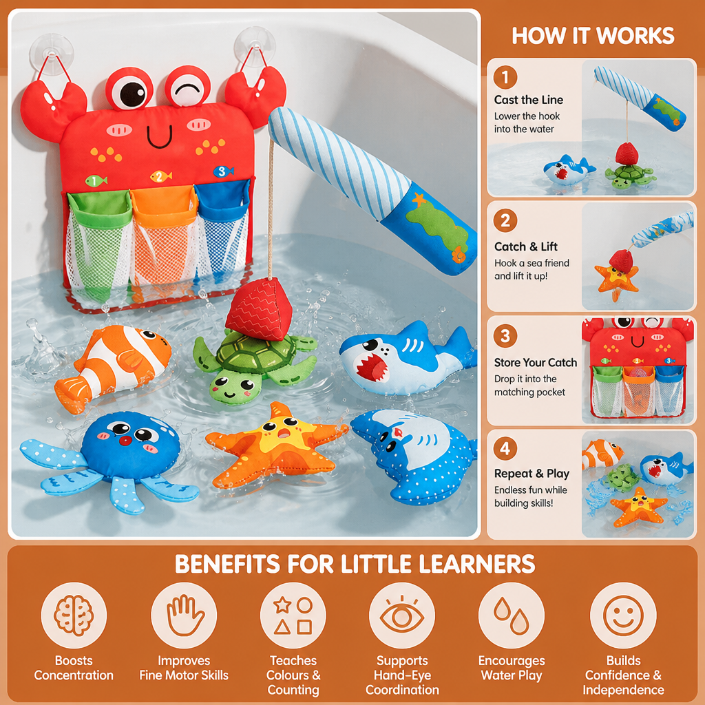 Magnetisches Angelspiel-Badespielzeug-Set mit schwimmenden Tieren und Aufbewahrungsnetz