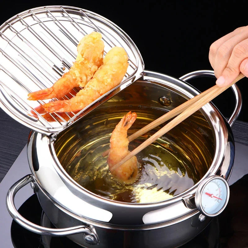 Stainless Steel Tempura Pot with Built-In Thermometer & Oil Strainer Lid 9.4 Inch Silver for Japanese Frying Chicken Karaage Tonkatsu Home K | Thomler