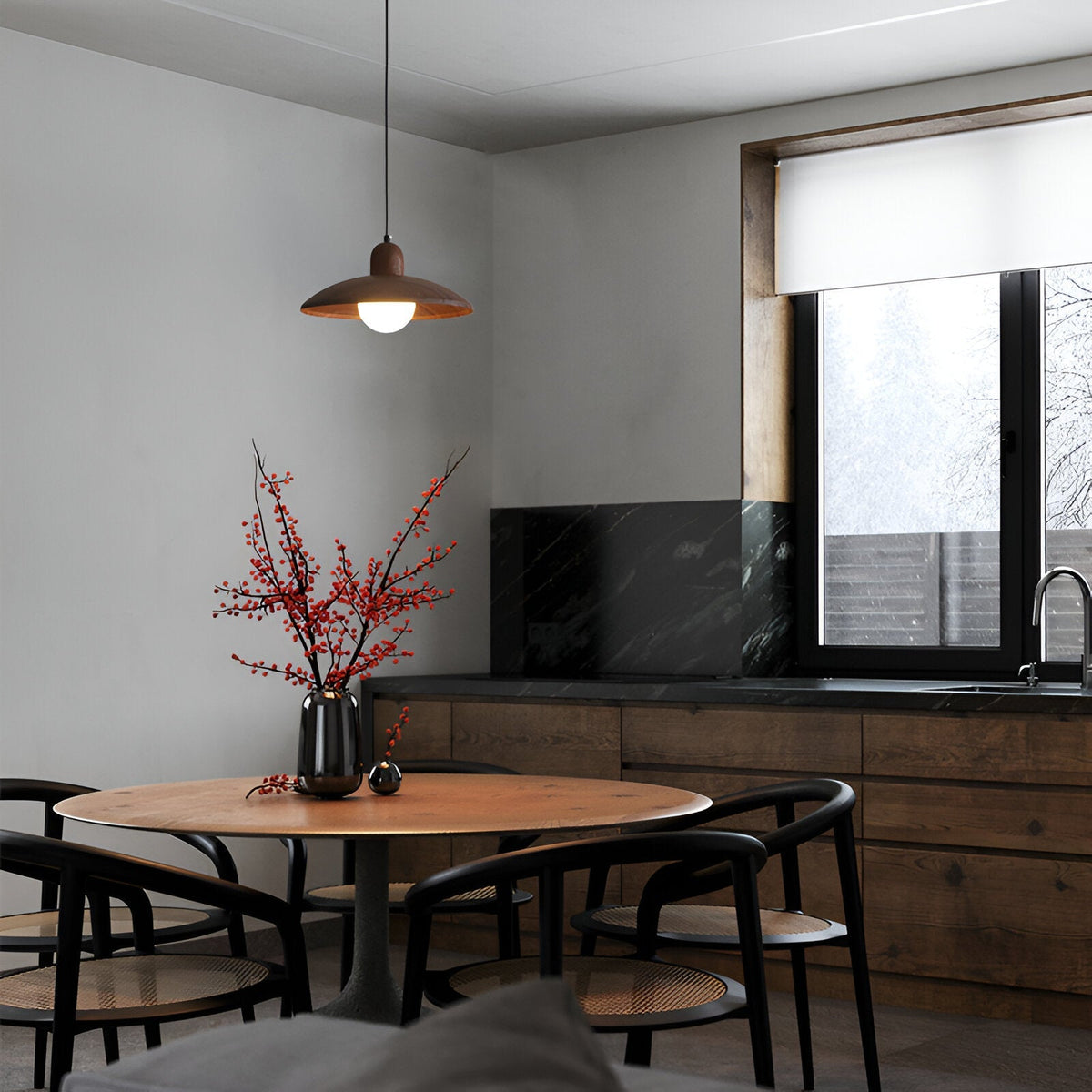 Wood Dome Ceiling Pendant 12 in Walnut Hanging Light for Kitchen Island Dining Table Minimalist Adjustable Cord E27 Socket 110V | Thomler