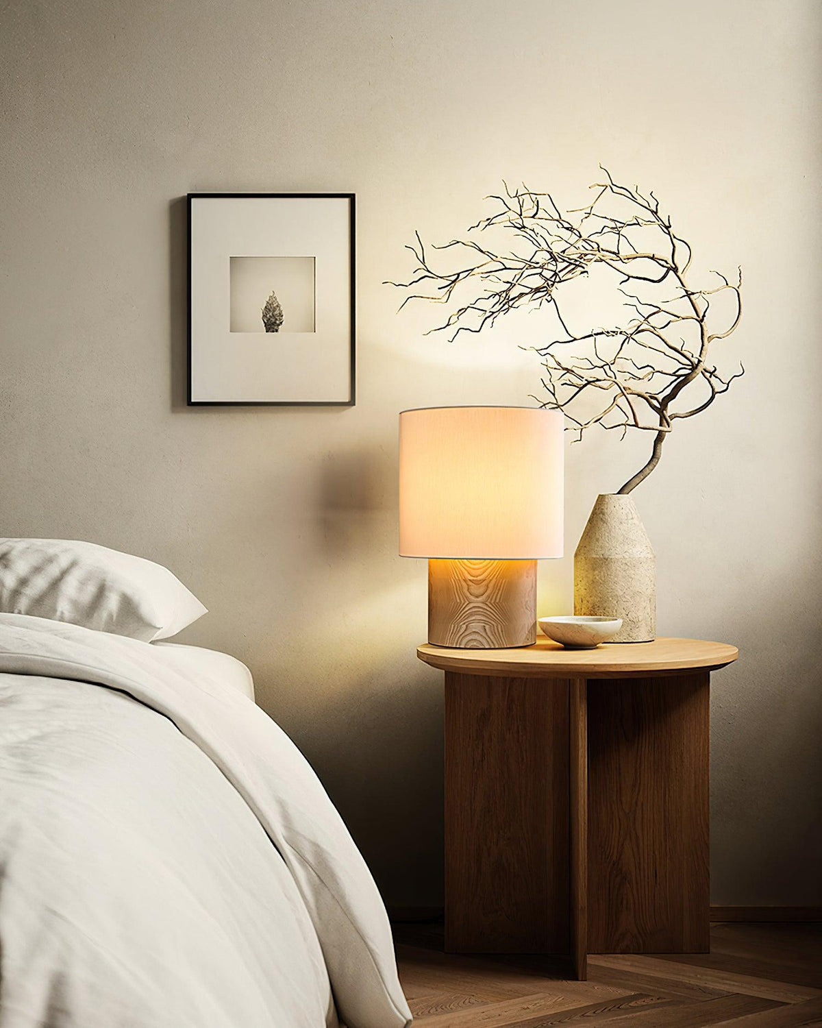 Nachttischlampe aus Holz mit Leinenschirm – 30 cm moderne Akzentleuchte für Schlafzimmer, Wohnzimmer-Beistelltisch, Leseecke – warmes Licht | Thomler