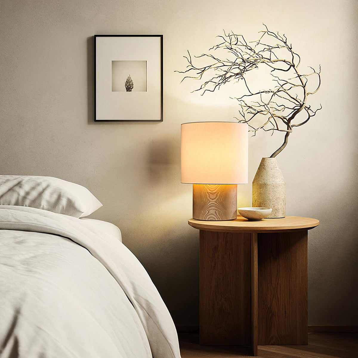 Nachttischlampe aus Holz mit Leinenschirm – 30 cm moderne Akzentleuchte für Schlafzimmer, Wohnzimmer-Beistelltisch, Leseecke – warmes Licht | Thomler