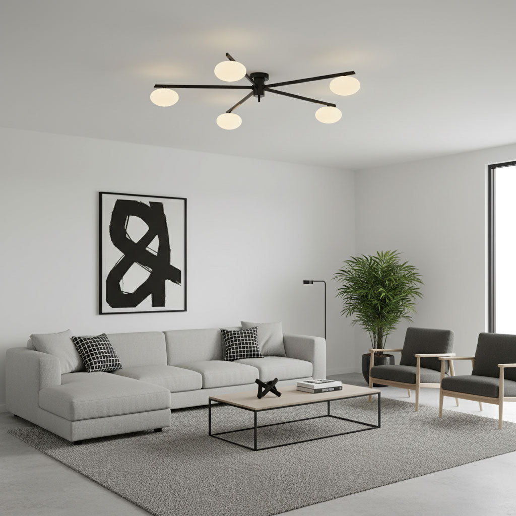 Lámpara de techo semiempotrada ajustable con brazos múltiples y globos esmerilados para comedor, cocina o sala de estar | Estructura en negro o latón, casquillo G9 | Thomler