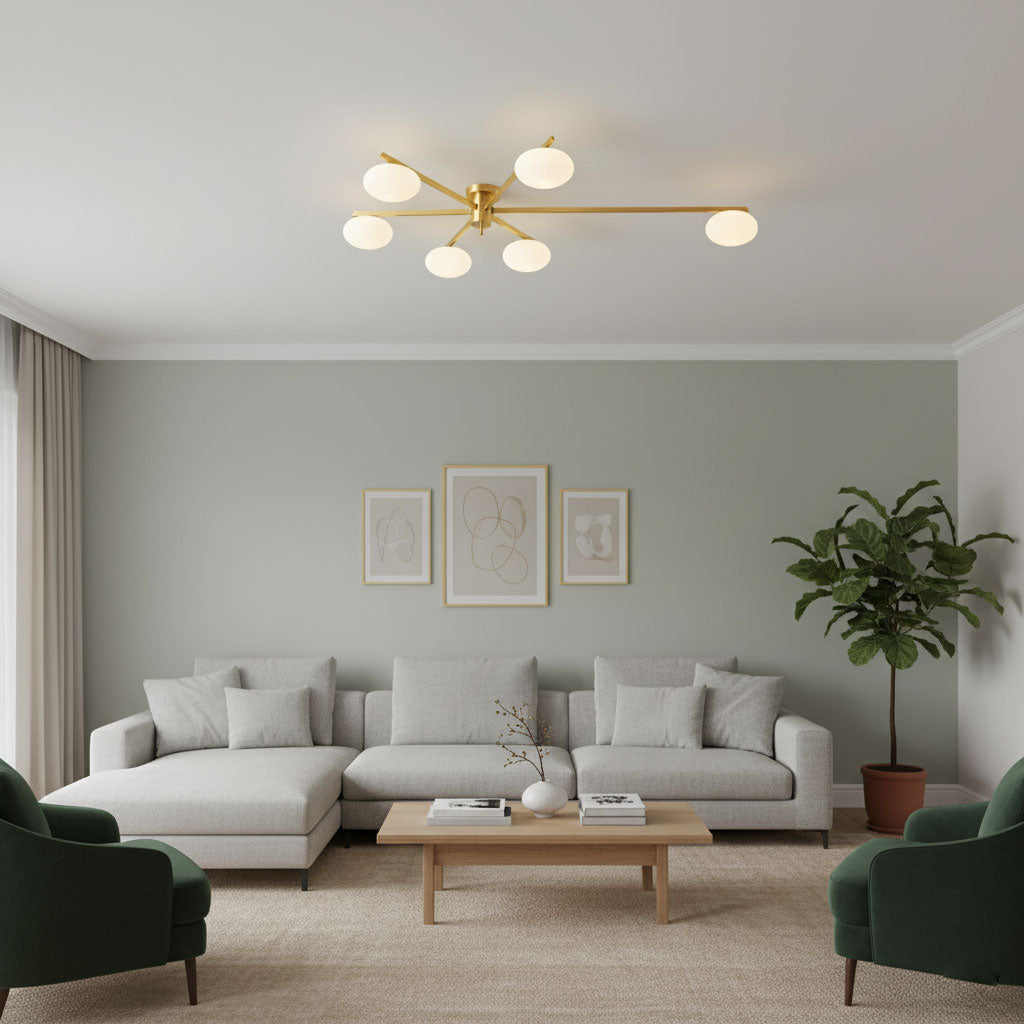 Lámpara de techo semiempotrada ajustable con brazos múltiples y globos esmerilados para comedor, cocina o sala de estar | Estructura en negro o latón, casquillo G9 | Thomler