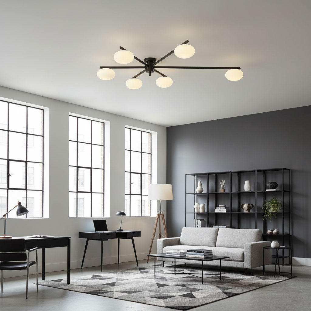 Lámpara de techo semiempotrada ajustable con brazos múltiples y globos esmerilados para comedor, cocina o sala de estar | Estructura en negro o latón, casquillo G9 | Thomler